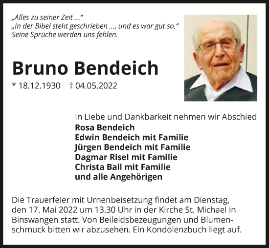 Traueranzeige von Bruno Bendeich von GESAMT
