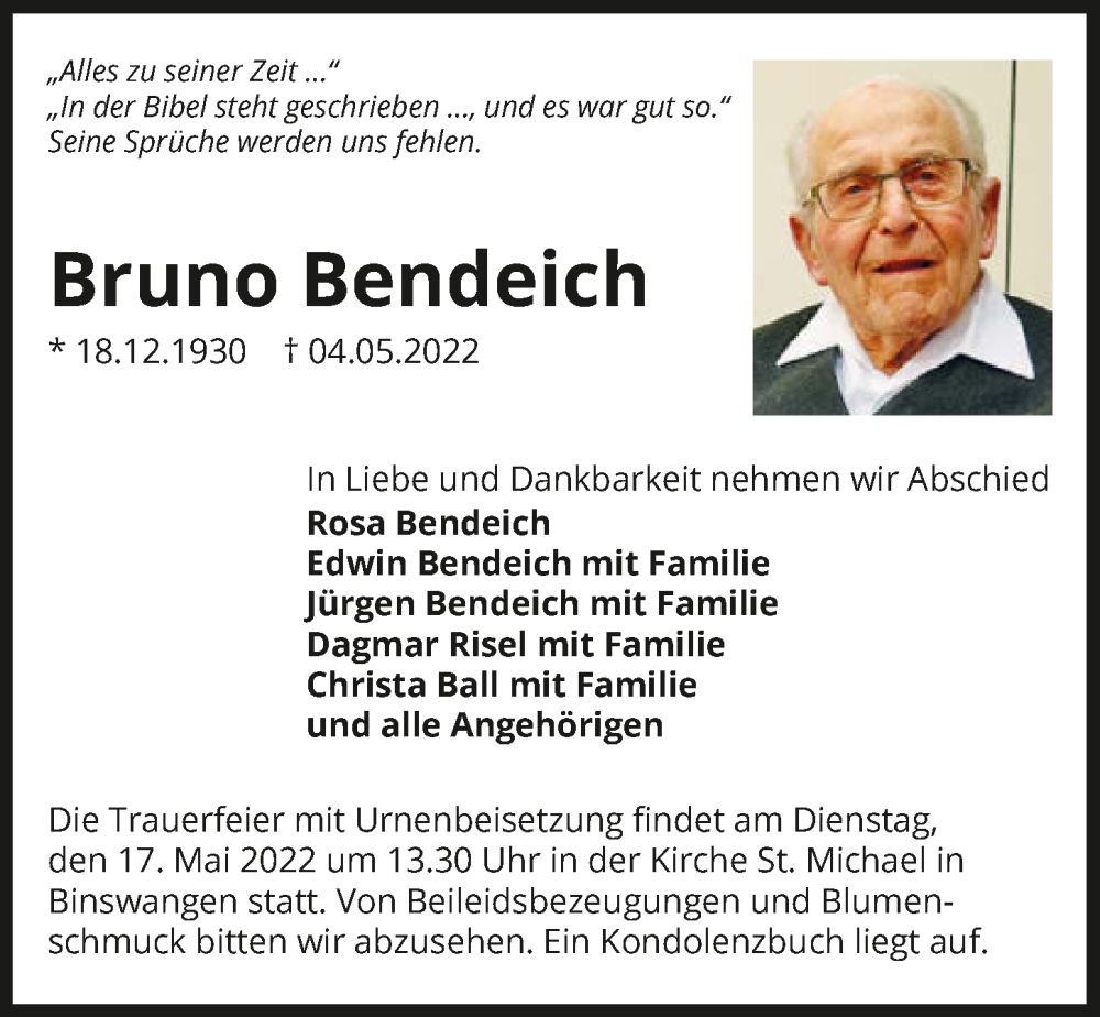  Traueranzeige für Bruno Bendeich vom 14.05.2022 aus GESAMT