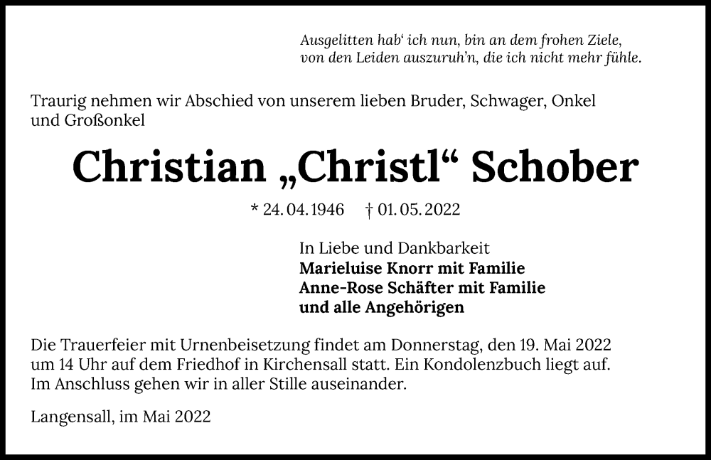  Traueranzeige für Christian Schober vom 16.05.2022 aus GESAMT
