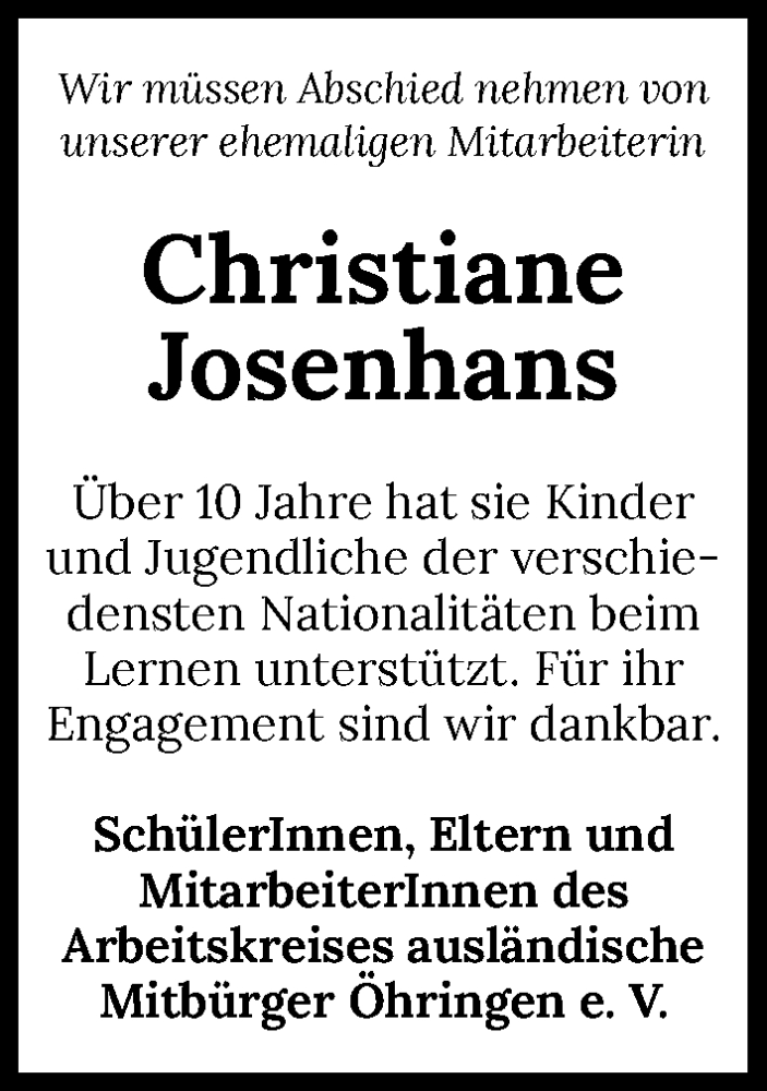  Traueranzeige für Christiane Josenhans vom 18.05.2022 aus GESAMT