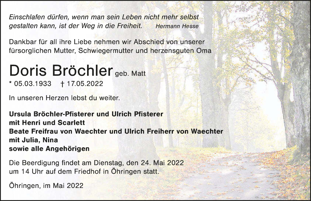 Traueranzeige für Doris Bröchler vom 20.05.2022 aus GESAMT