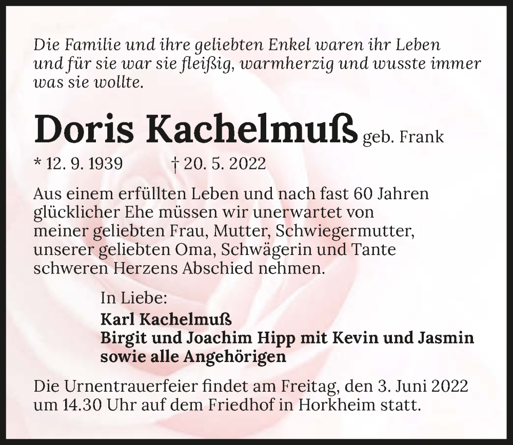  Traueranzeige für Doris Kachelmuß vom 28.05.2022 aus GESAMT