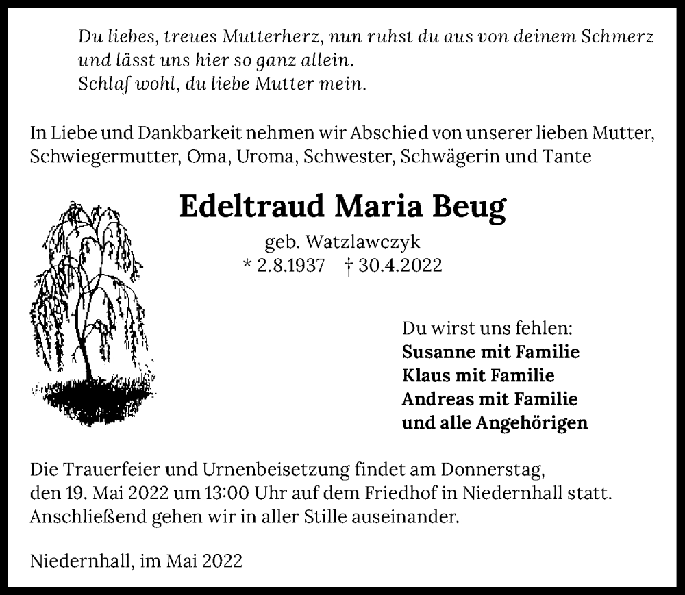  Traueranzeige für Edeltraud Maria Beug vom 14.05.2022 aus GESAMT
