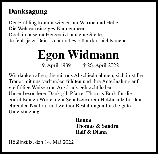 Traueranzeige von Egon Widmann von GESAMT