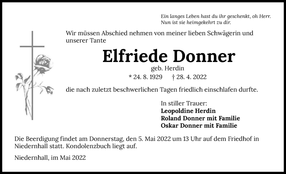  Traueranzeige für Elfriede Donner vom 03.05.2022 aus GESAMT