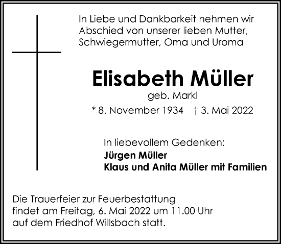 Traueranzeige von Elisabeth Müller von GESAMT