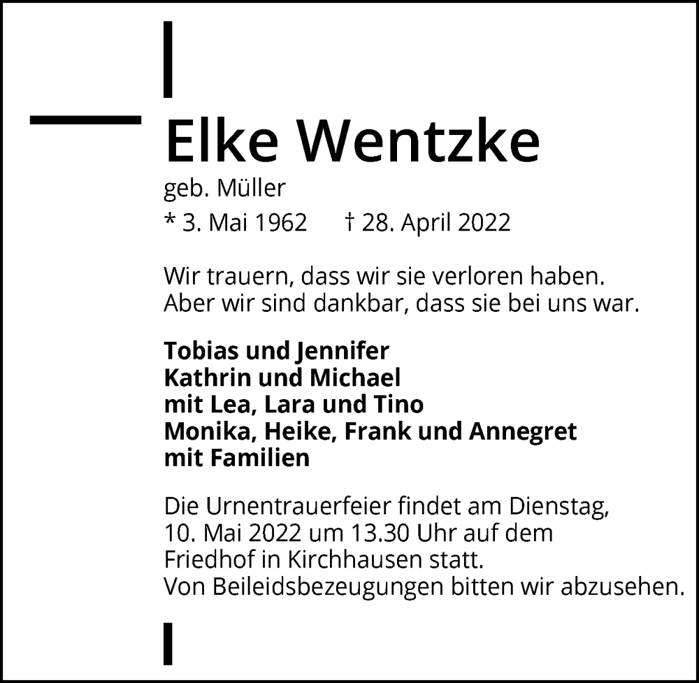  Traueranzeige für Elke Wentzke vom 04.05.2022 aus GESAMT
