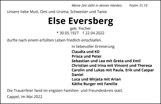Traueranzeige von Else Eversberg von GESAMT