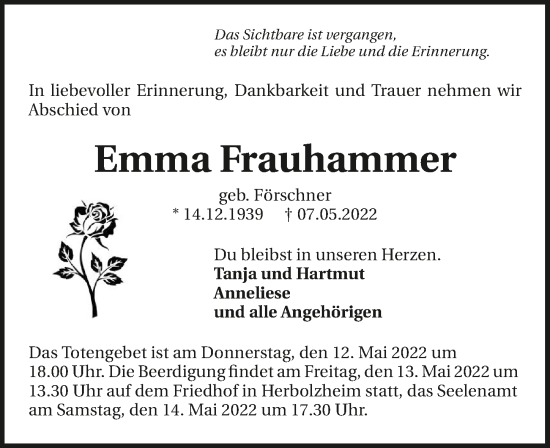 Traueranzeige von Emma Frauhammer von GESAMT