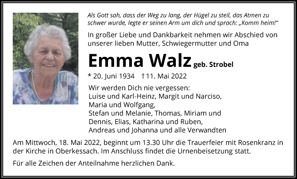  Traueranzeige für Emma Walz vom 14.05.2022 aus GESAMT