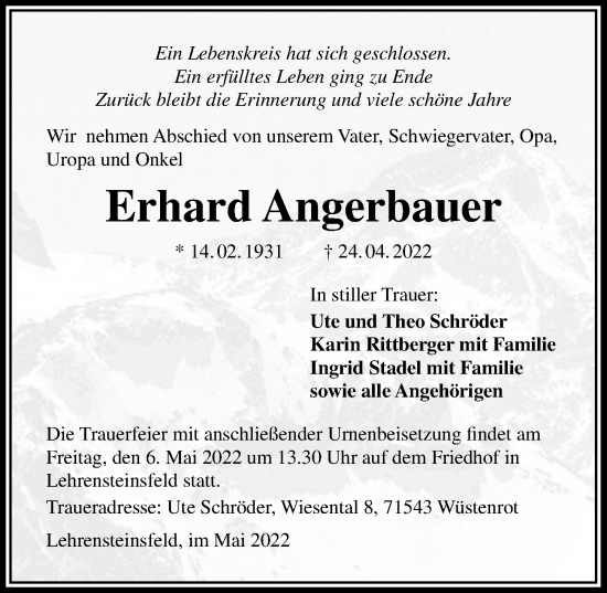 Traueranzeige von Erhard Angerbauer von GESAMT