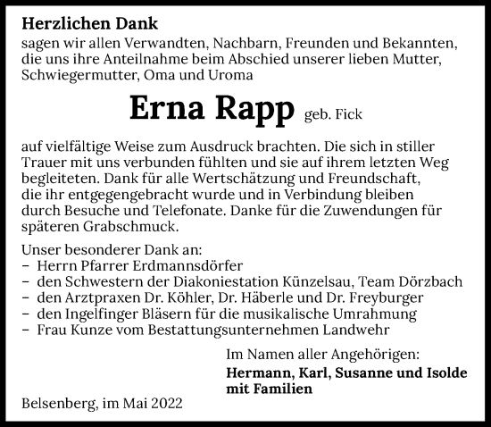 Traueranzeige von Erna Rapp von GESAMT