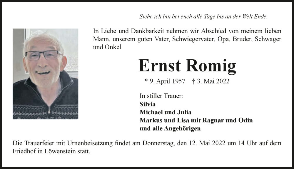  Traueranzeige für Ernst Romig vom 07.05.2022 aus GESAMT