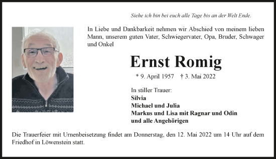 Traueranzeige von Ernst Romig von GESAMT