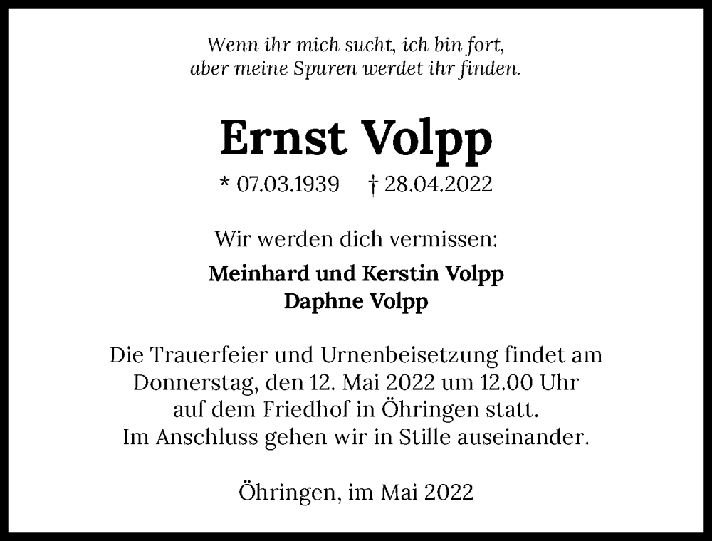  Traueranzeige für Ernst Volpp vom 07.05.2022 aus GESAMT