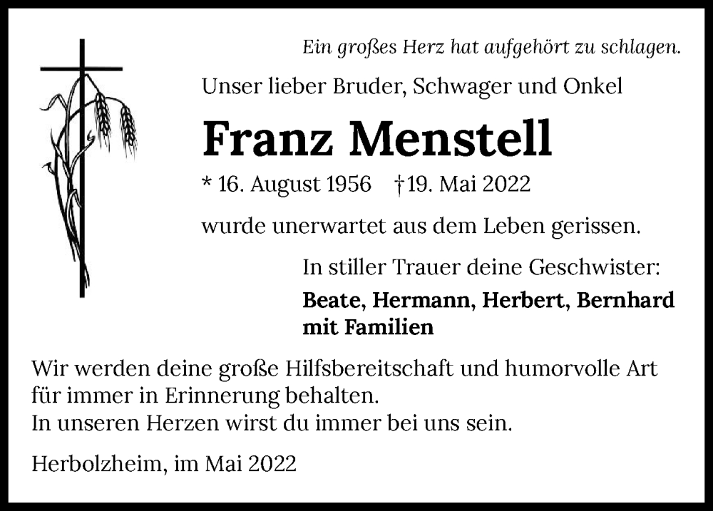  Traueranzeige für Franz Menstell vom 24.05.2022 aus GESAMT