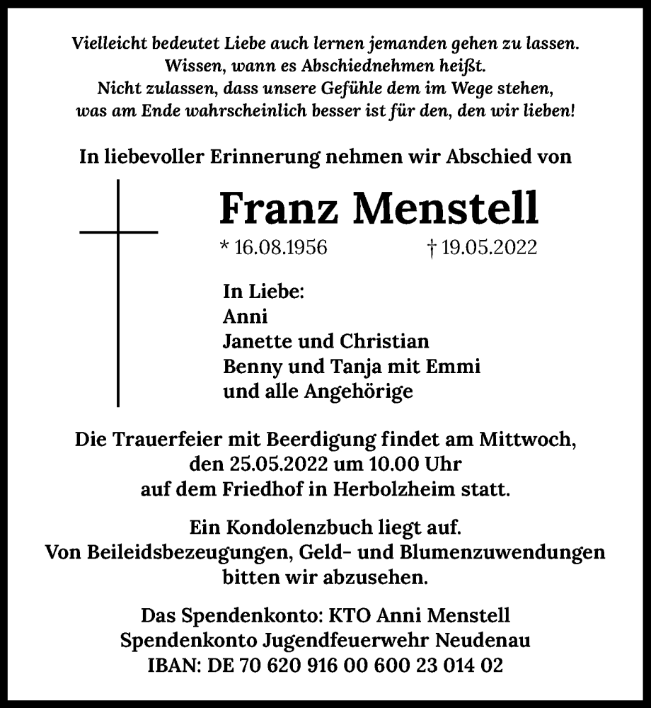  Traueranzeige für Franz Menstell vom 23.05.2022 aus GESAMT