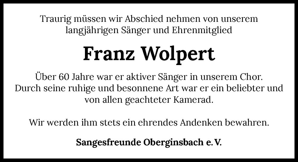  Traueranzeige für Franz Wolpert vom 04.05.2022 aus GESAMT