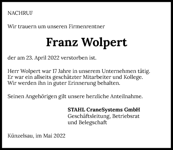 Traueranzeige von Franz Wolpert von GESAMT