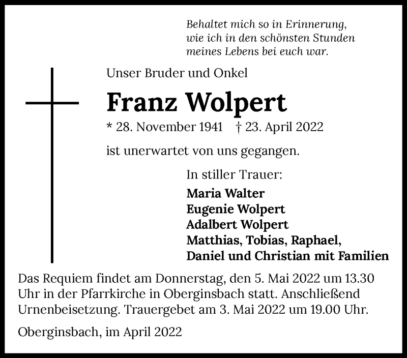  Traueranzeige für Franz Wolpert vom 30.04.2022 aus GESAMT