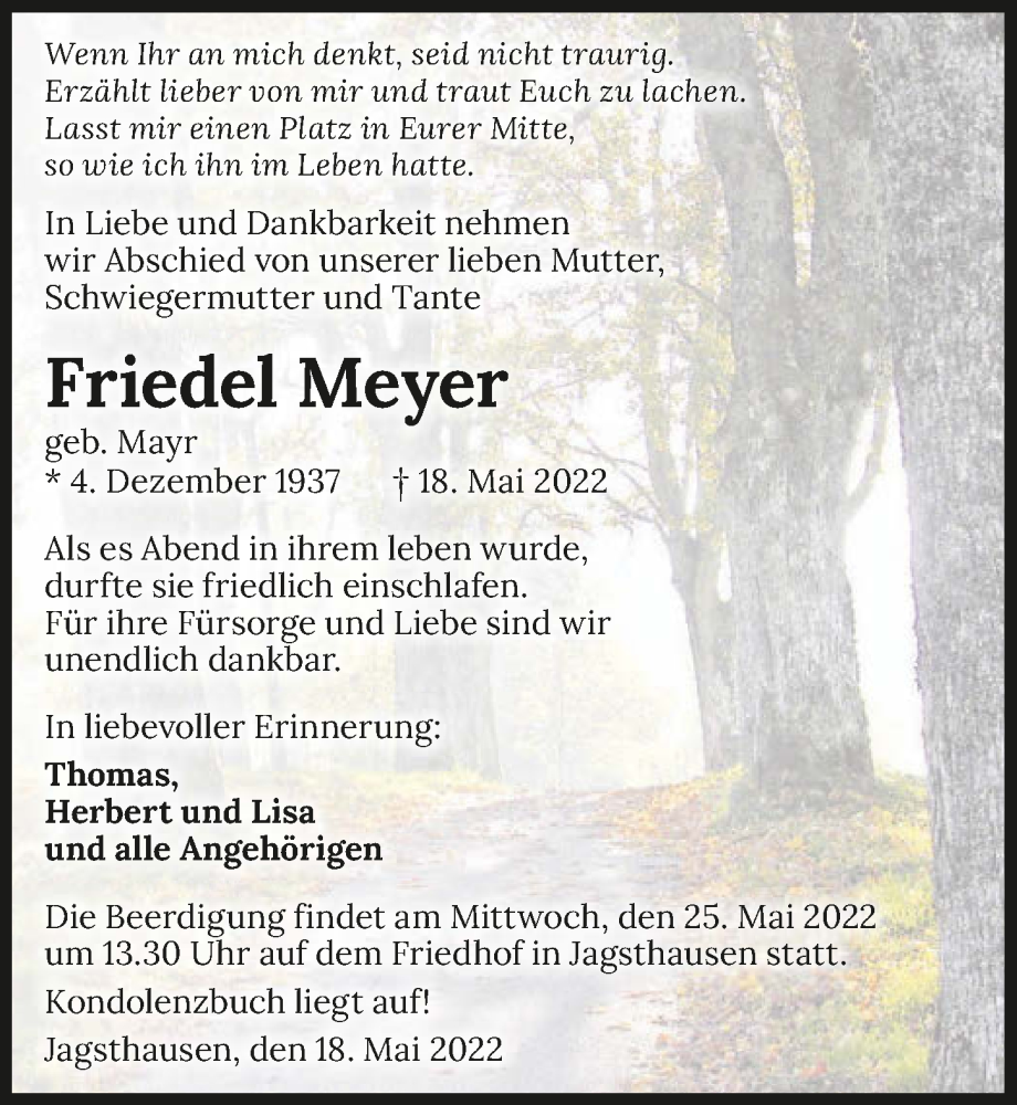  Traueranzeige für Friedel Meyer vom 23.05.2022 aus GESAMT