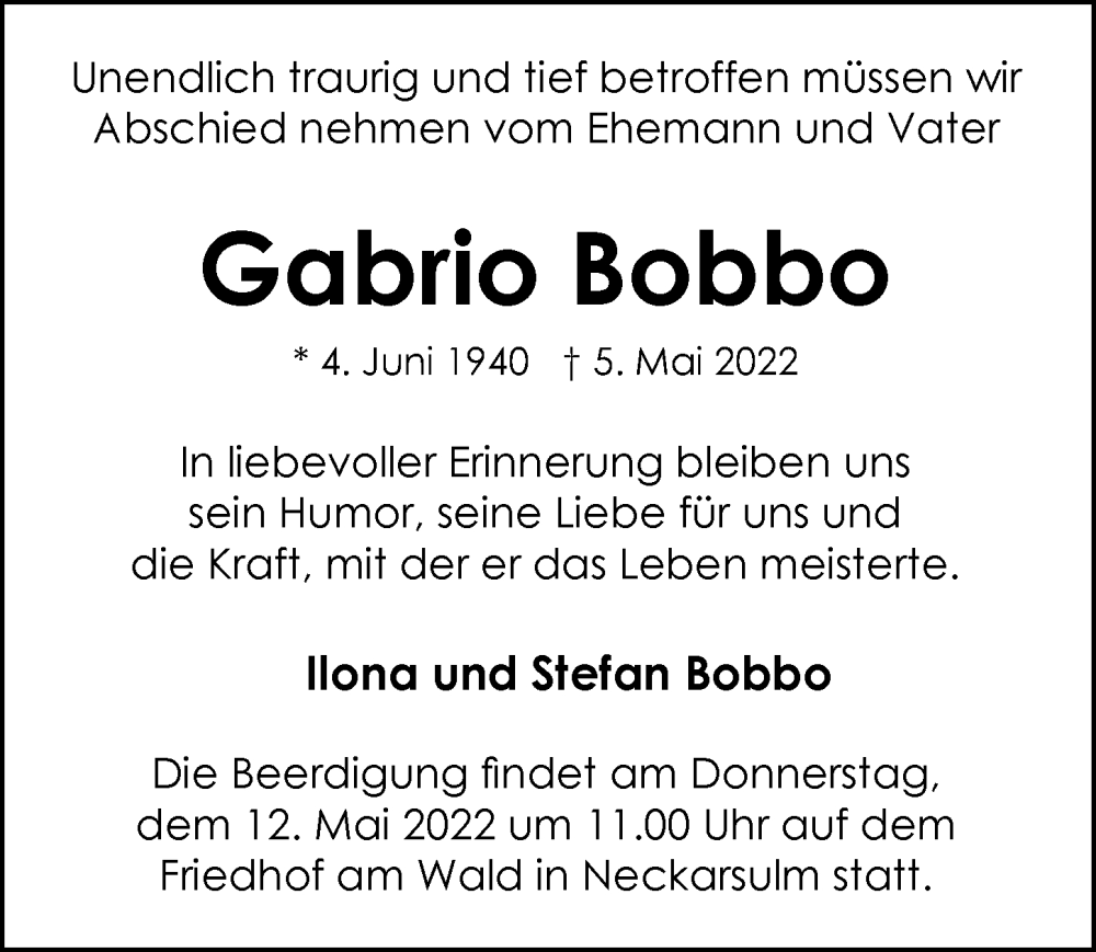  Traueranzeige für Gabrio Bobbo vom 10.05.2022 aus GESAMT