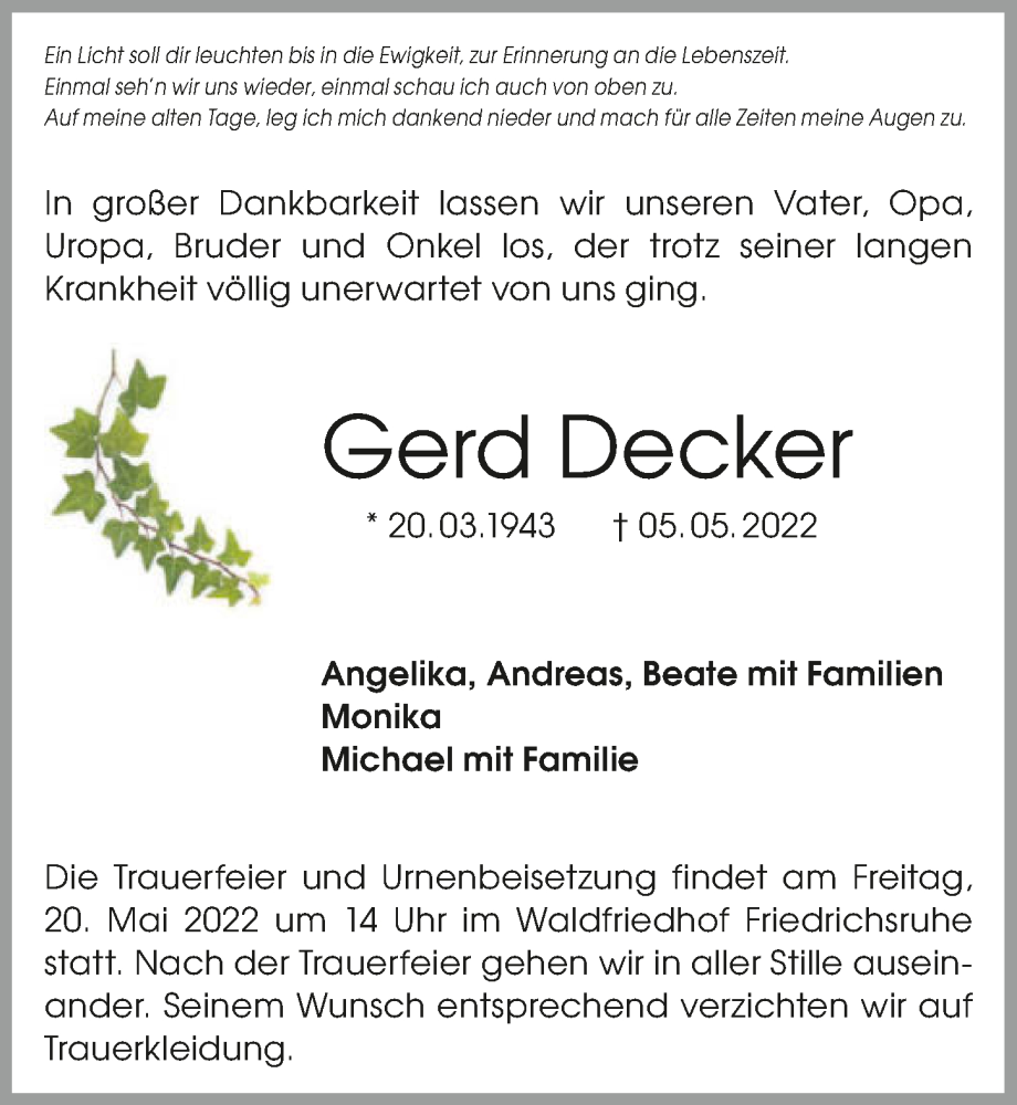  Traueranzeige für Gerd Decker vom 16.05.2022 aus GESAMT