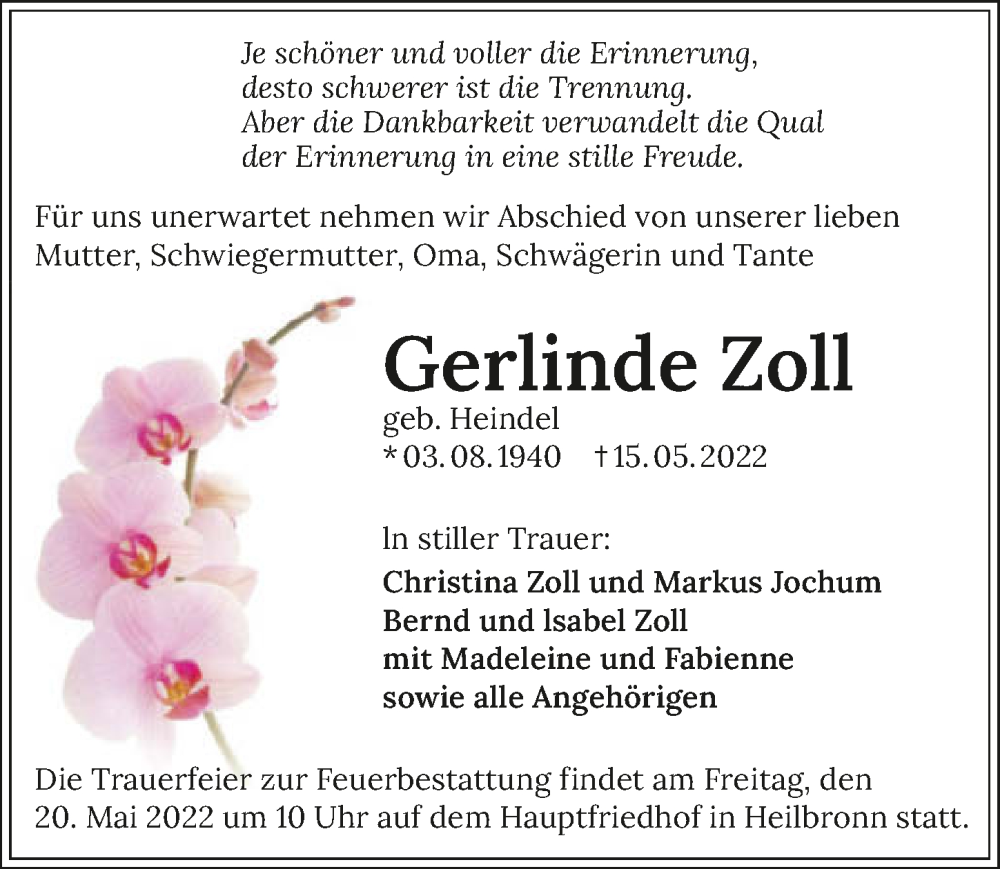  Traueranzeige für Gerlinde Zoll vom 17.05.2022 aus GESAMT
