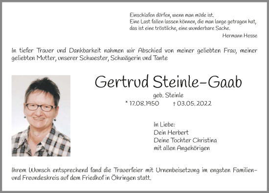 Traueranzeige von Gertrud Steinle-Gaab von GESAMT