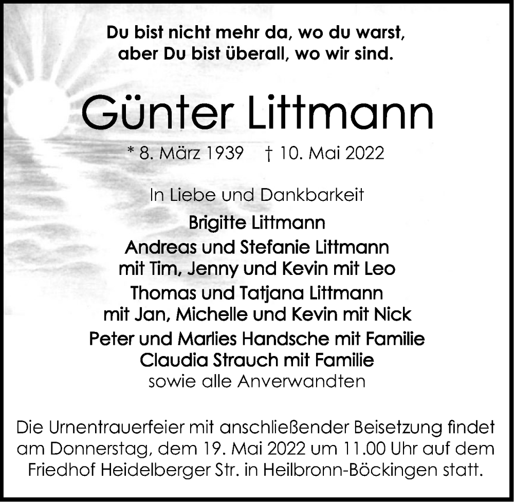  Traueranzeige für Günter Littmann vom 14.05.2022 aus GESAMT