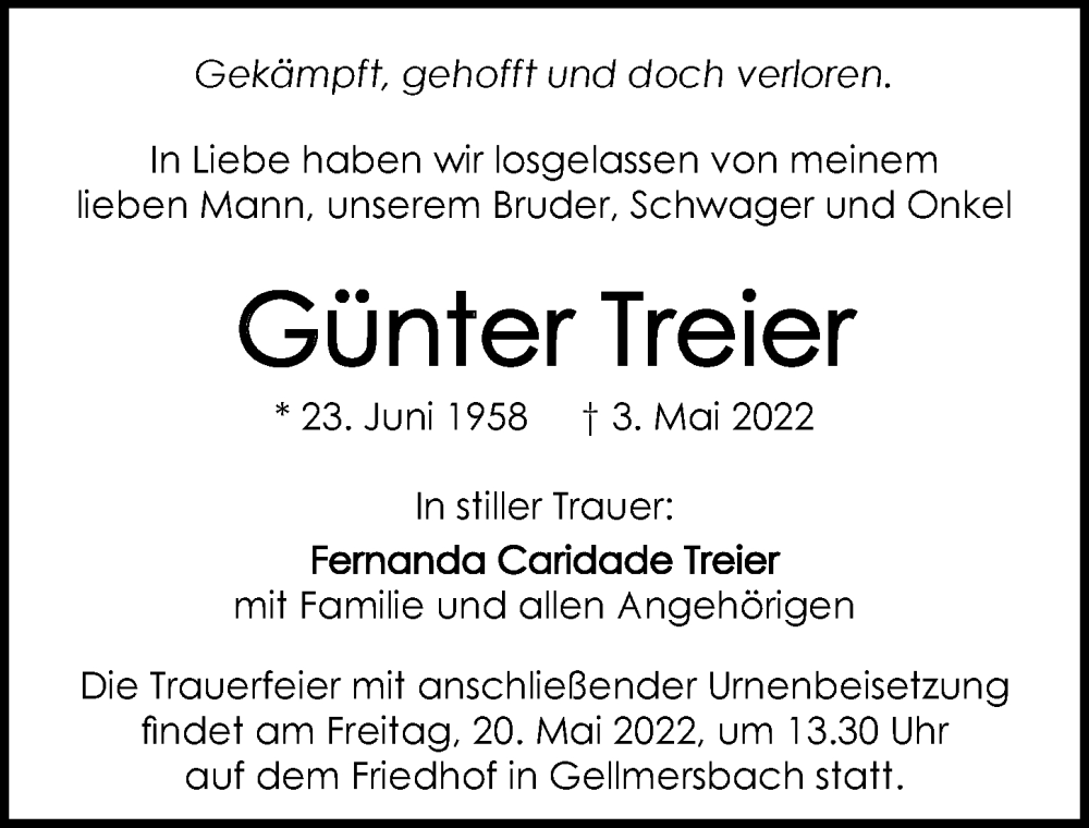  Traueranzeige für Günter Treier vom 17.05.2022 aus GESAMT