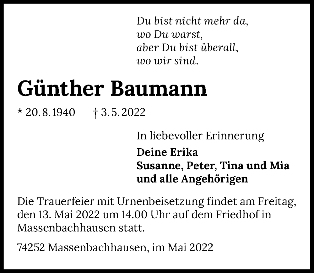  Traueranzeige für Günther Baumann vom 07.05.2022 aus GESAMT