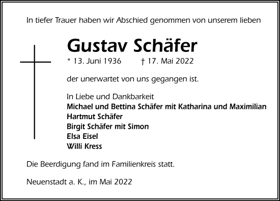 Traueranzeige von Gustav Schäfer von GESAMT