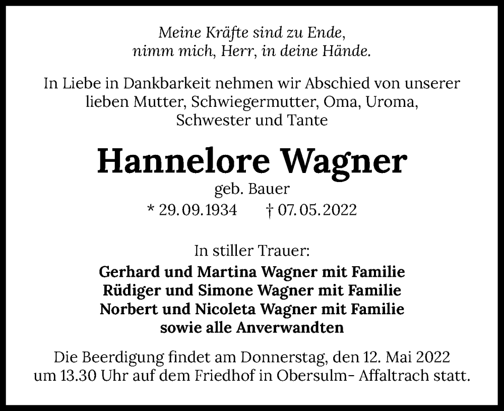 Traueranzeige für Hannelore Wagner vom 11.05.2022 aus GESAMT