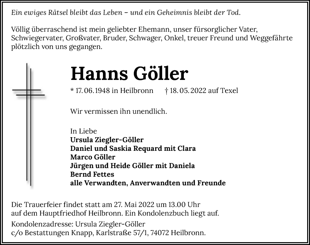  Traueranzeige für Hanns Göller vom 24.05.2022 aus GESAMT