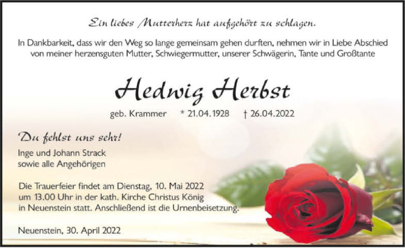  Traueranzeige für Hedwig Herbst vom 30.04.2022 aus GESAMT