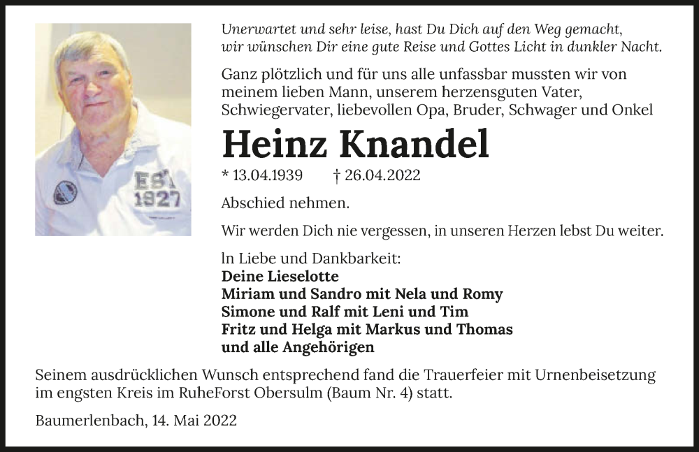  Traueranzeige für Heinz Knandel vom 14.05.2022 aus GESAMT