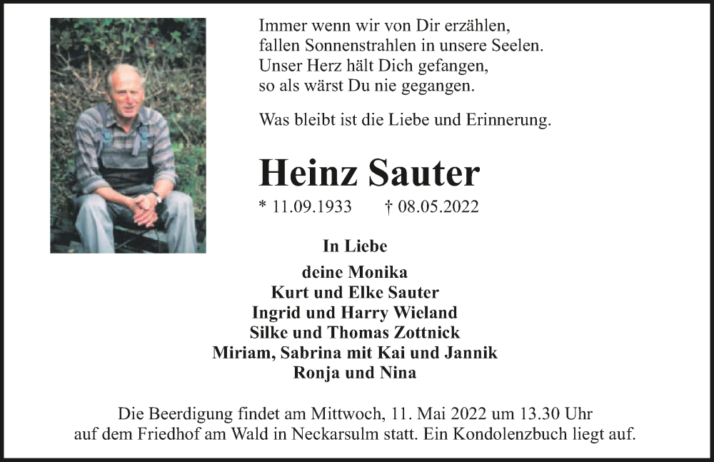  Traueranzeige für Heinz Sauter vom 10.05.2022 aus GESAMT