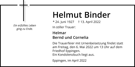 Traueranzeige von Helmut Binder von GESAMT
