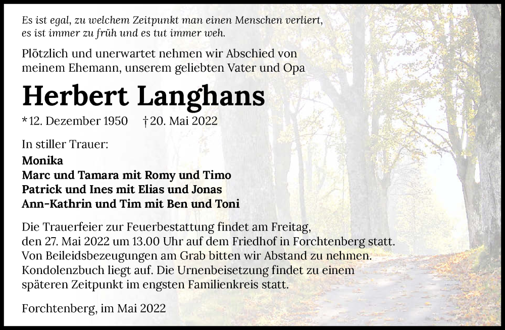  Traueranzeige für Herbert Langhans vom 24.05.2022 aus GESAMT