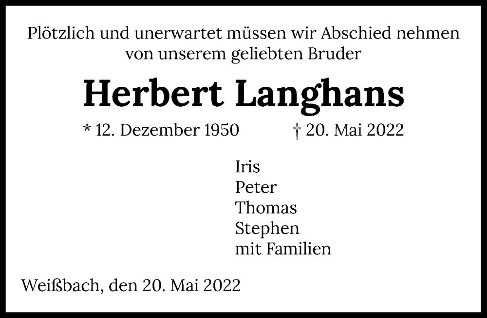  Traueranzeige für Herbert Langhans vom 25.05.2022 aus GESAMT