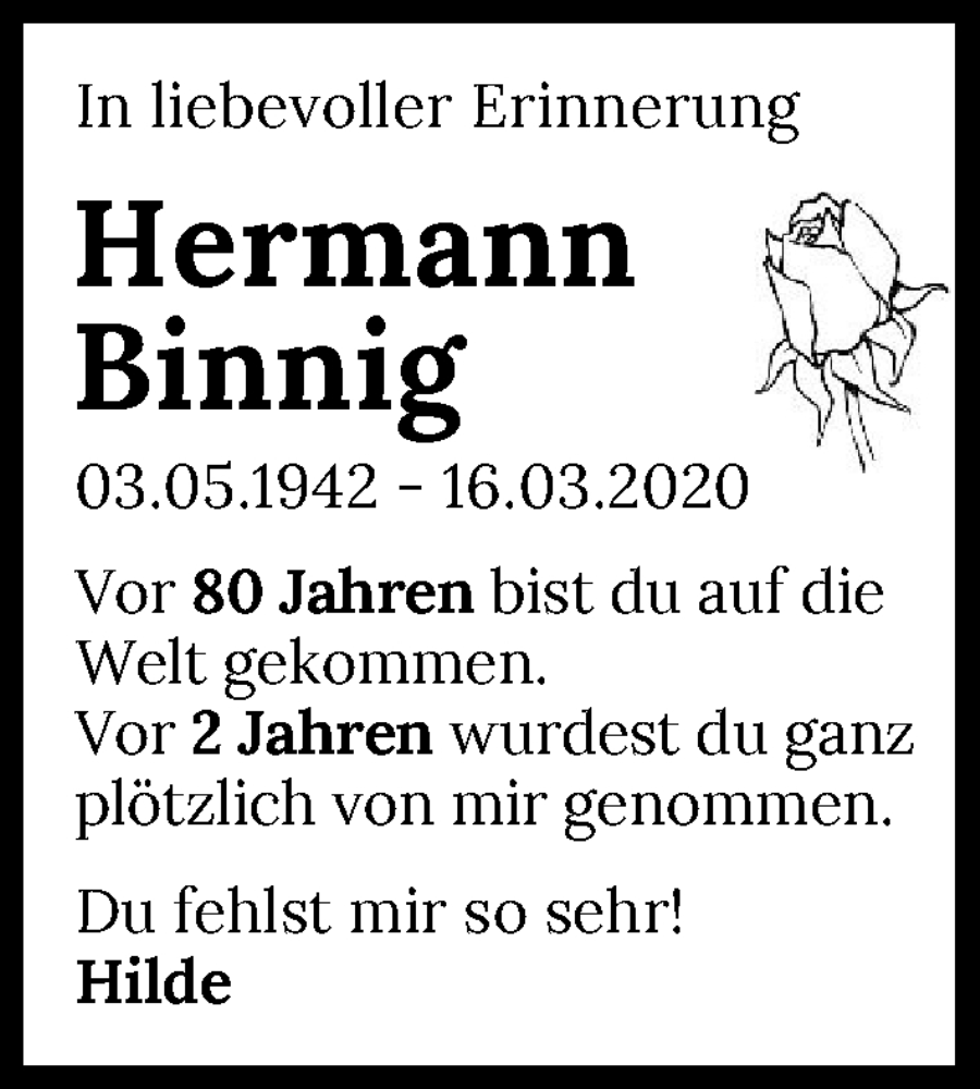  Traueranzeige für Hermann Binnig vom 03.05.2022 aus GESAMT