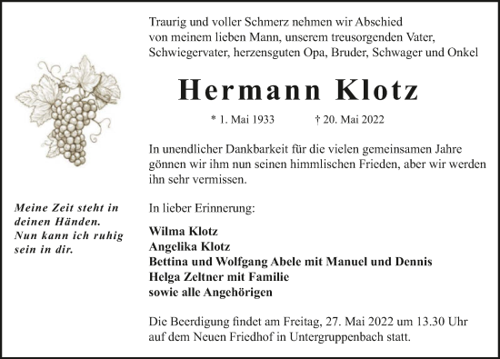 Traueranzeige von Hermann Klotz von GESAMT