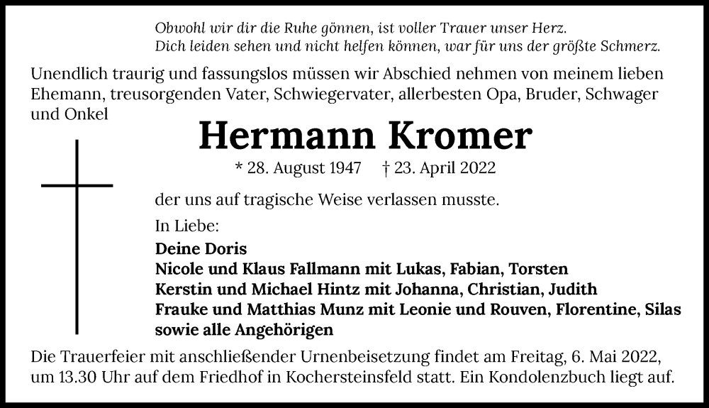  Traueranzeige für Hermann Kromer vom 04.05.2022 aus GESAMT