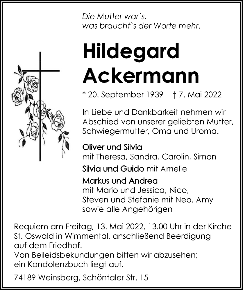  Traueranzeige für Hildegard Ackermann vom 11.05.2022 aus GESAMT