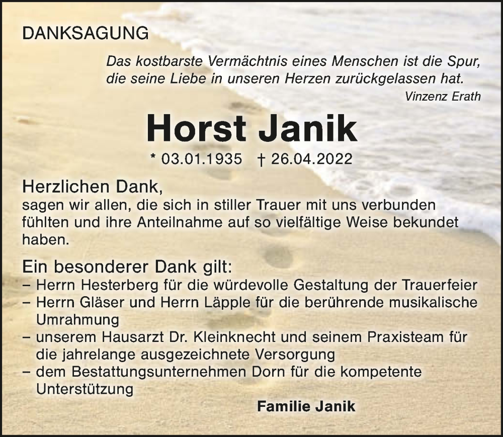  Traueranzeige für Horst Janik vom 25.05.2022 aus GESAMT
