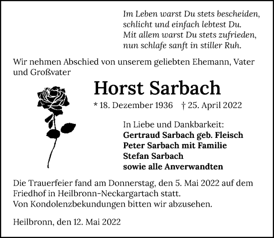 Traueranzeige von Horst Sarbach von GESAMT