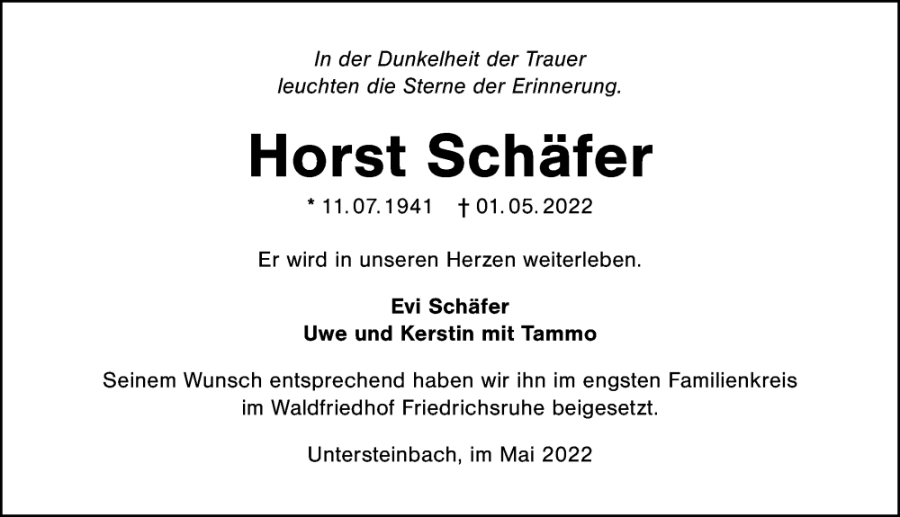  Traueranzeige für Horst Schäfer vom 14.05.2022 aus GESAMT