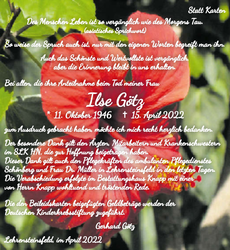  Traueranzeige für Ilse Götz vom 30.04.2022 aus GESAMT