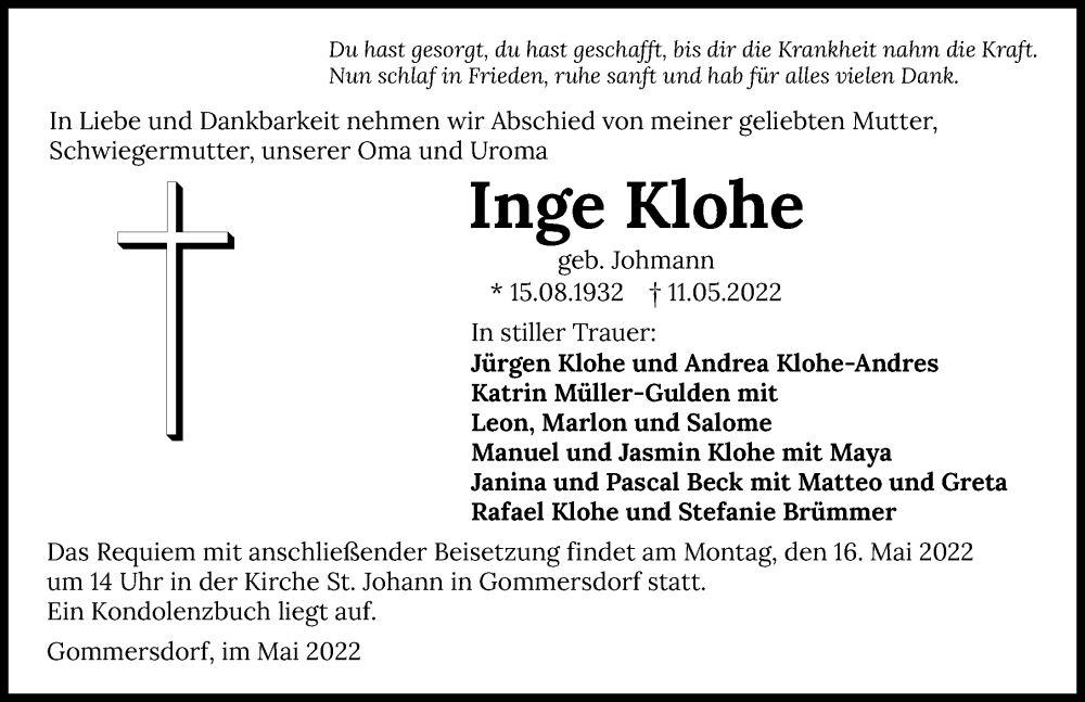  Traueranzeige für Inge Klohe vom 13.05.2022 aus GESAMT